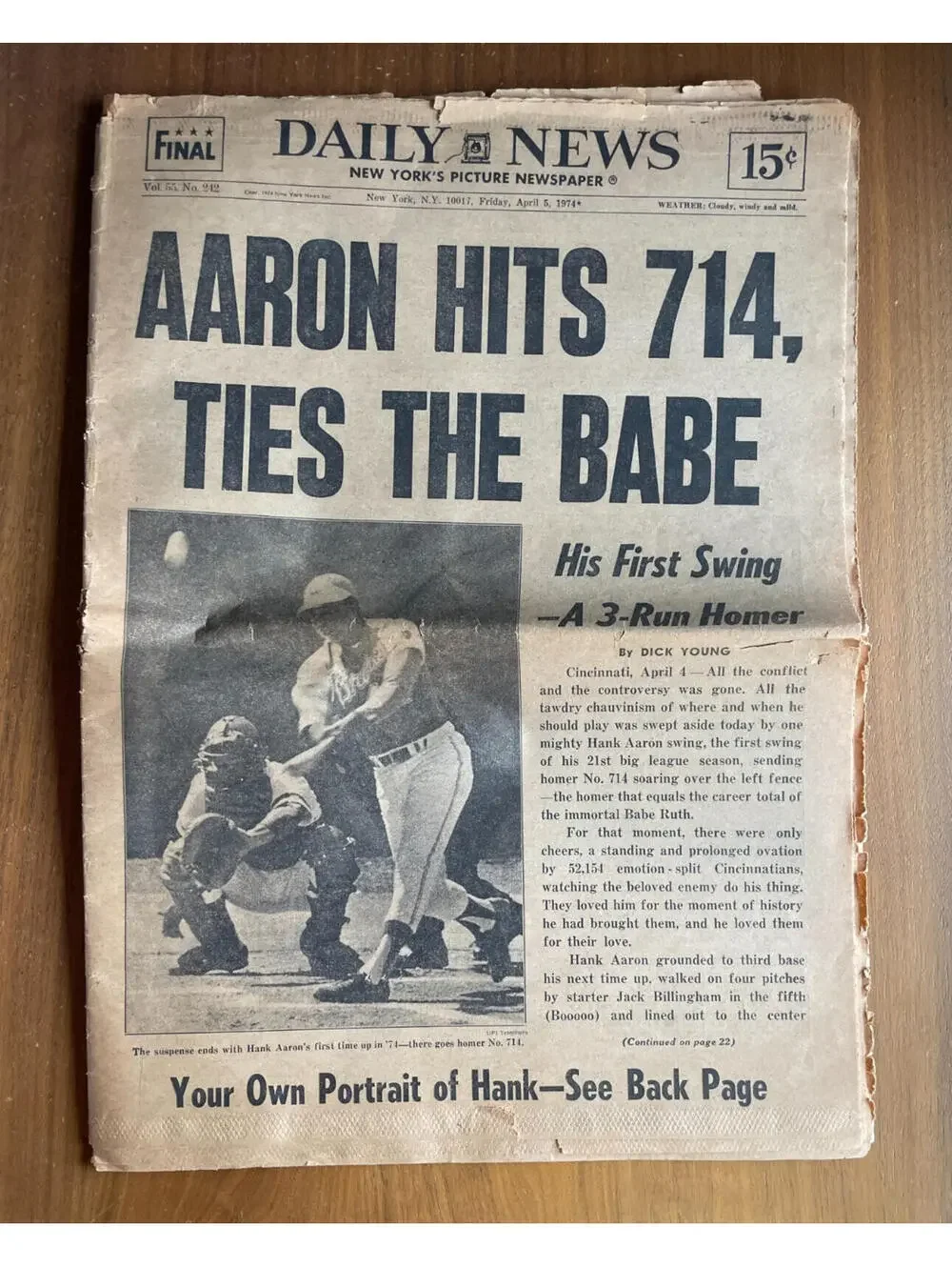 Aaron Hits 714 Ties The Babe Daily News Newspaper Apr 5 1974